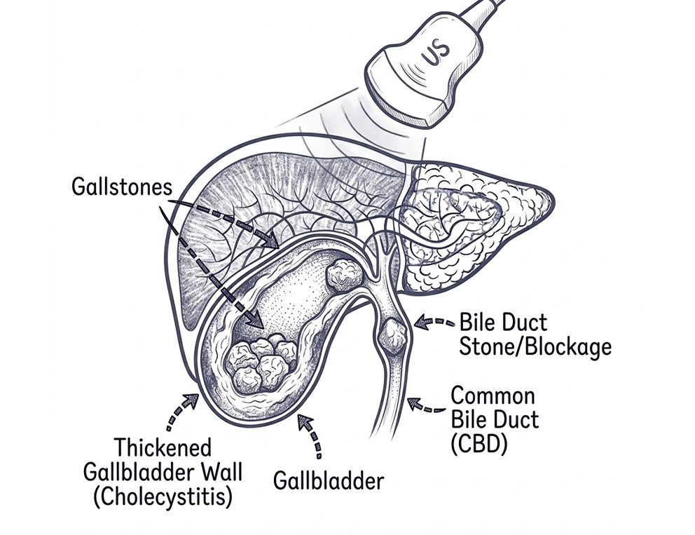 Gallbladder ultrasound scan detecting gallstones and bile duct issues