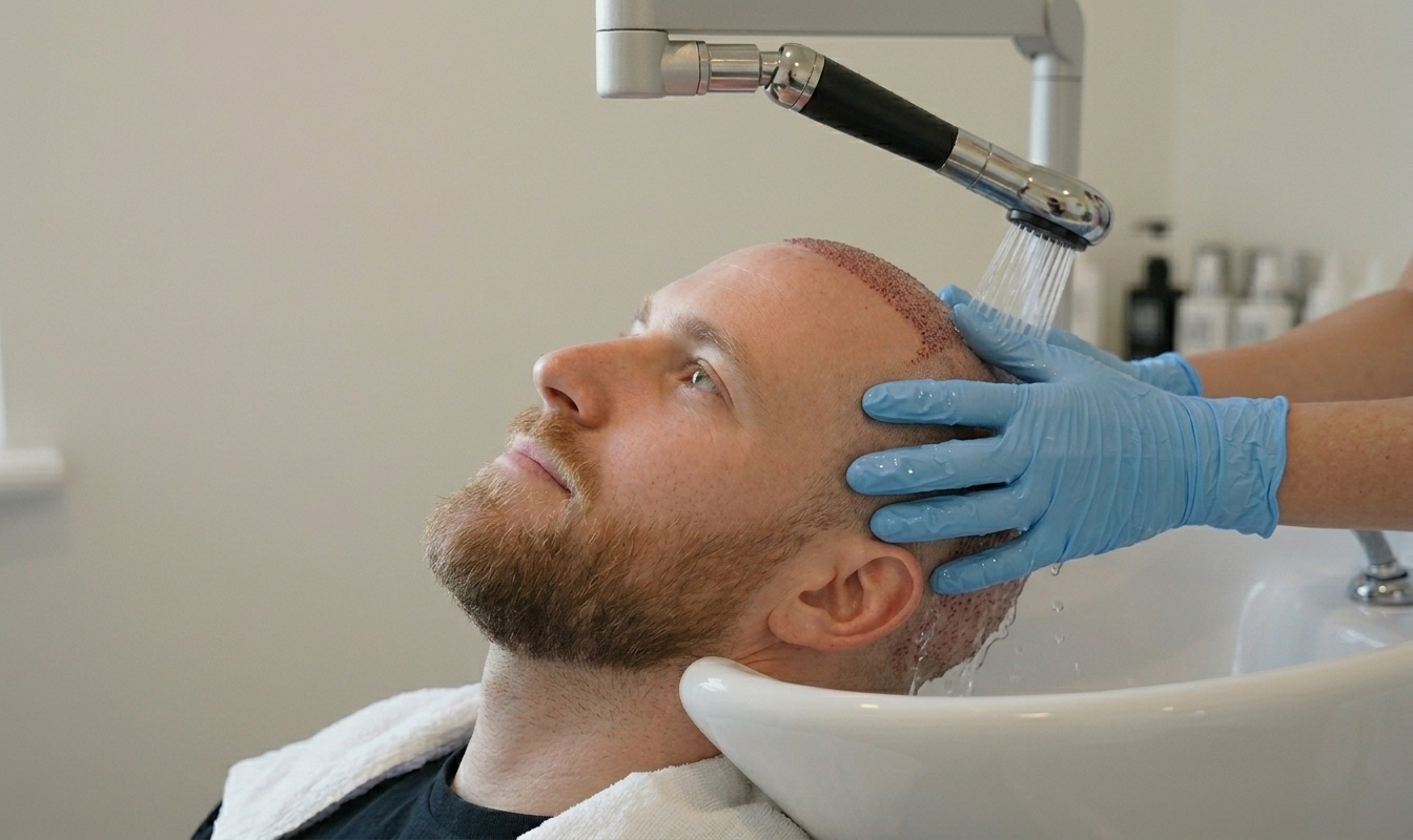 Specialist performing a gentle first hair wash for a patient after a hair implant procedure at Vale Health Clinic in Tunbridge Wells