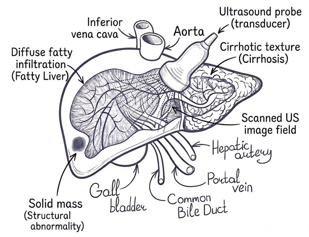 Liver ultrasound scan showing assessment for fatty liver and structural abnormalities