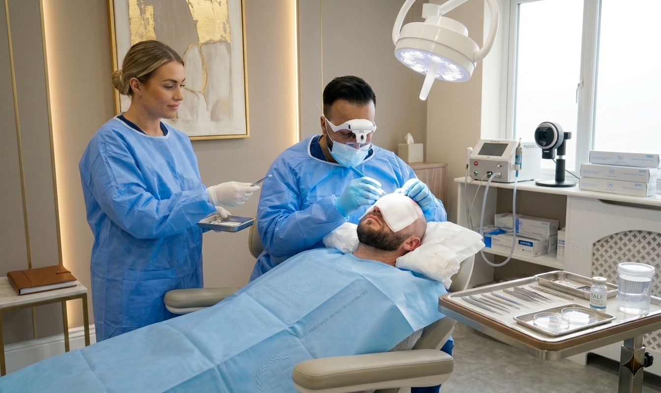 A hair transplant surgeon and nurse performing a hair restoration procedure on a patient in at Vale Health Clinic