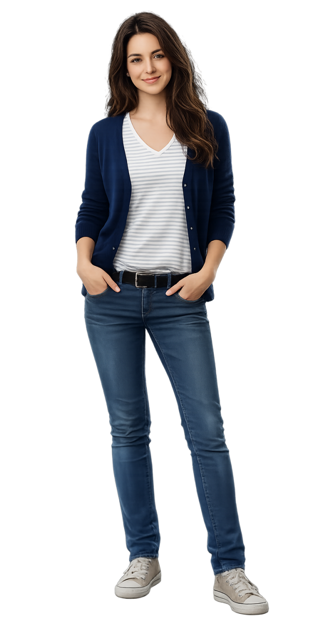 Casual elegance on a black backdrop